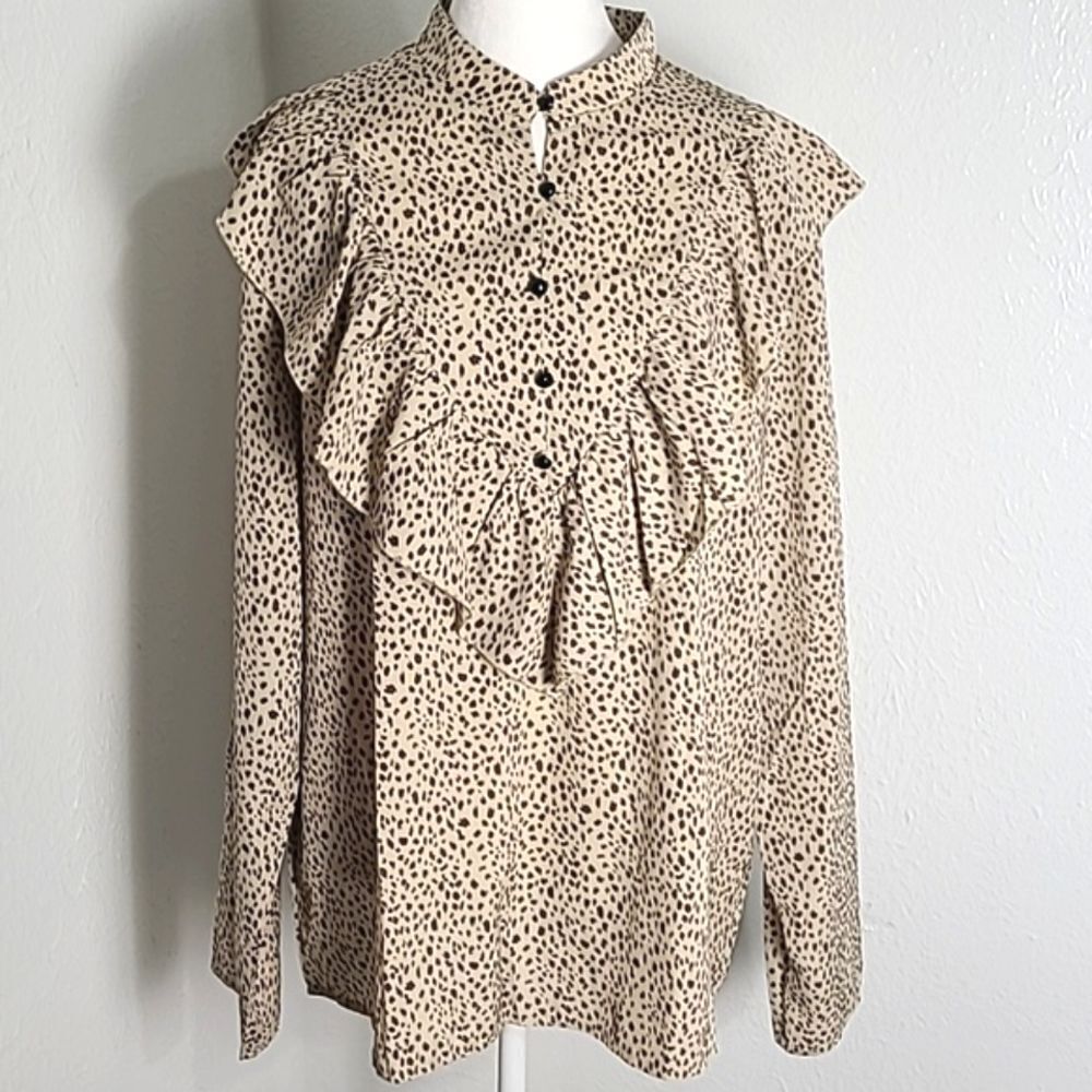 Pretty Garden Beige & Brown Polka-dot V-Shaped Ruffle Blouse, Size XL